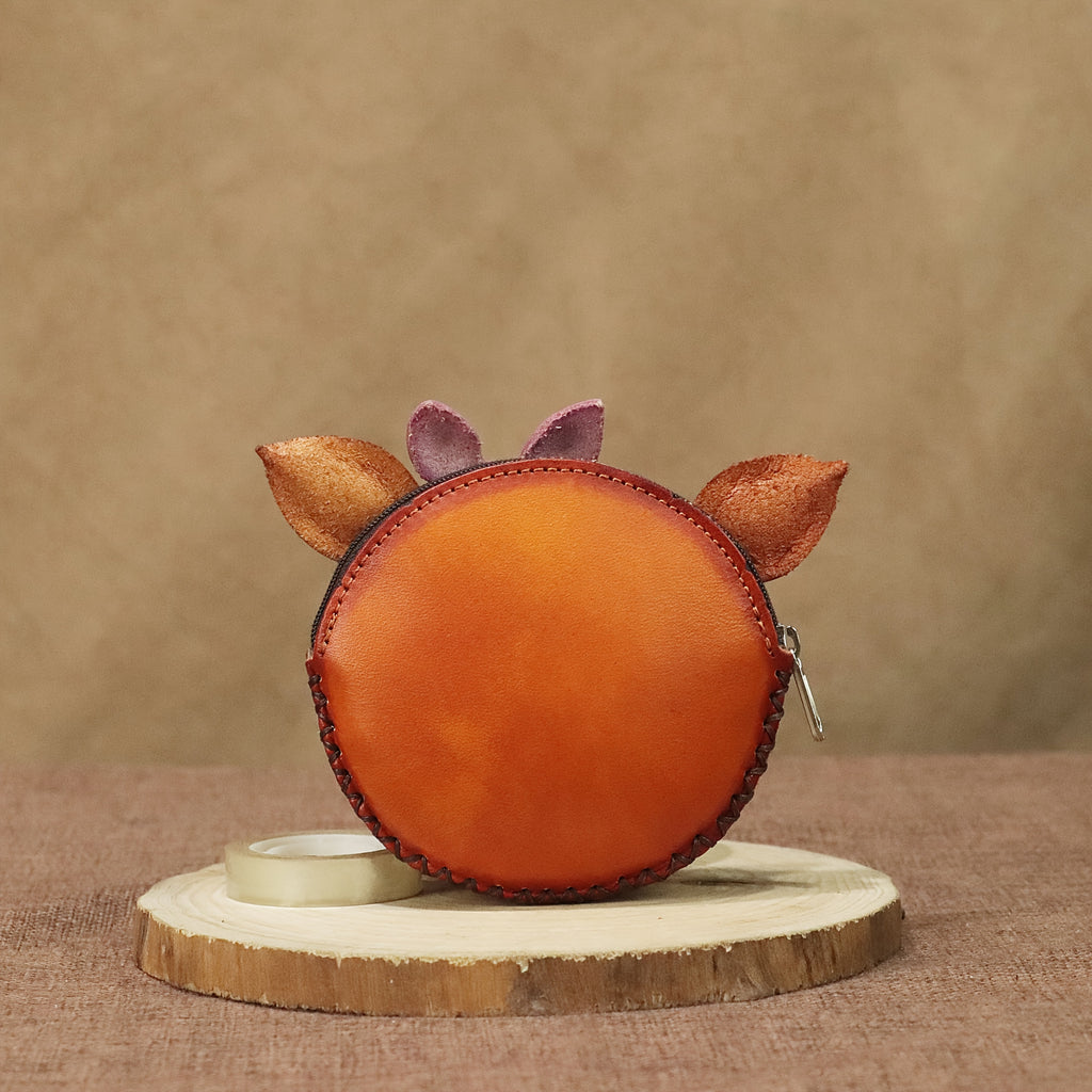 Handcrafted Retro Bowknot Headscarf Pig Purse - Genuine Leather Coin & Key Wallet with Zipper