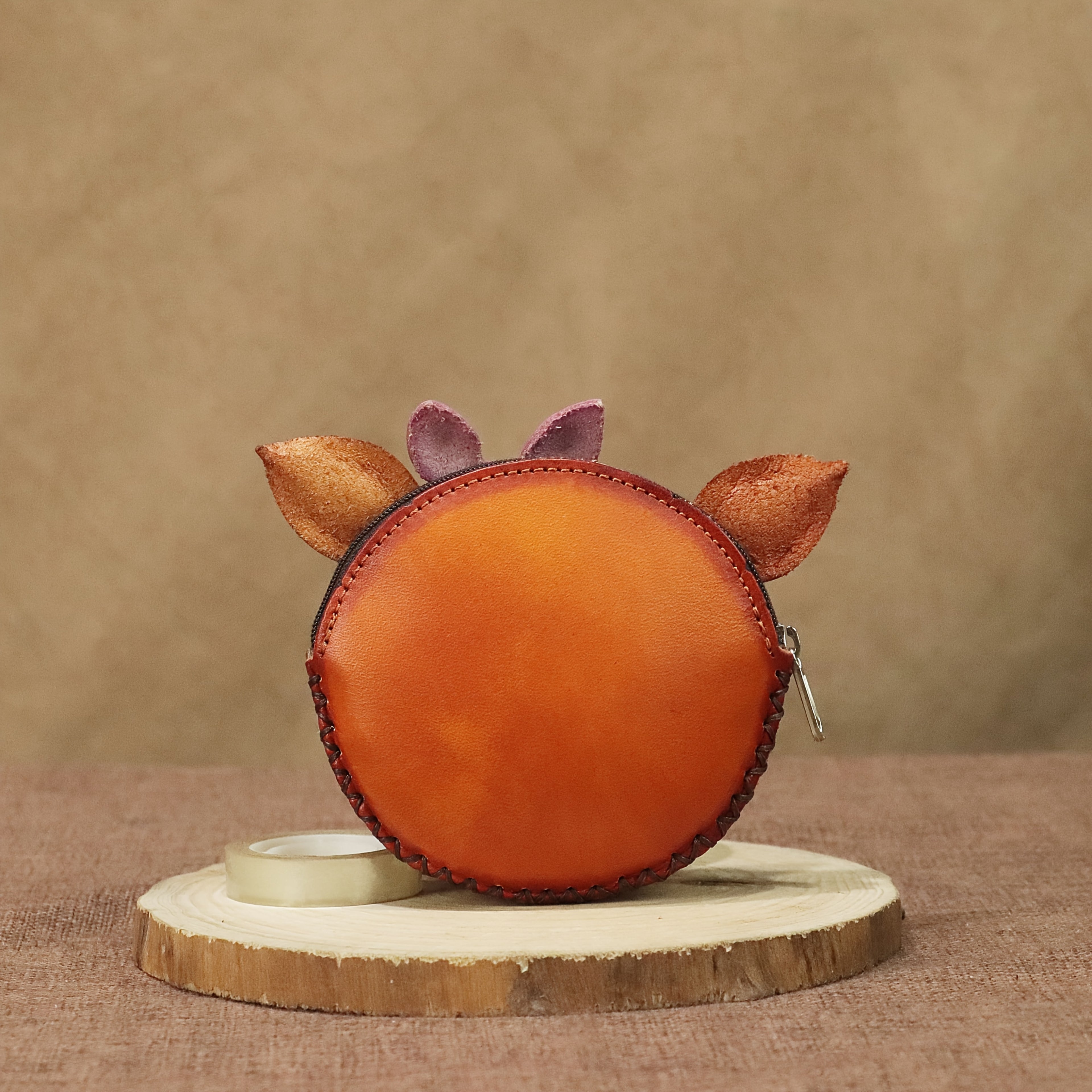 Handcrafted Retro Bowknot Headscarf Pig Purse - Genuine Leather Coin & Key Wallet with Zipper