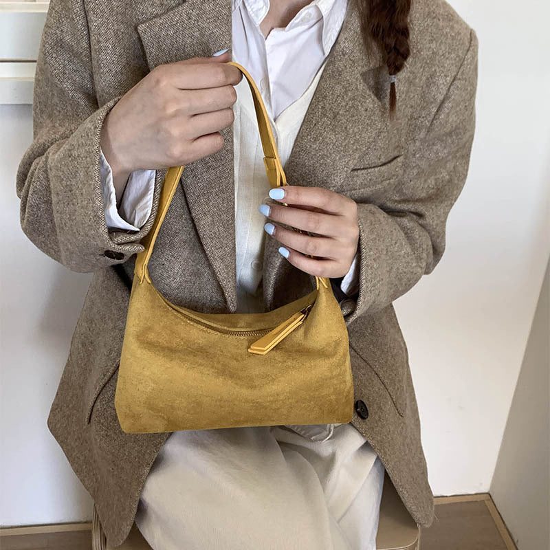Women's Faux Suede Dumpling Bag - Solid Color Crossbody Handbag with Golden-Tone Hardware