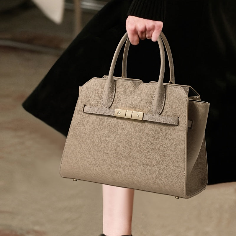 Women's Premium Second-Layer Leather Handbag - Large Capacity Deep Gray Tote with Golden-Tone Hardware