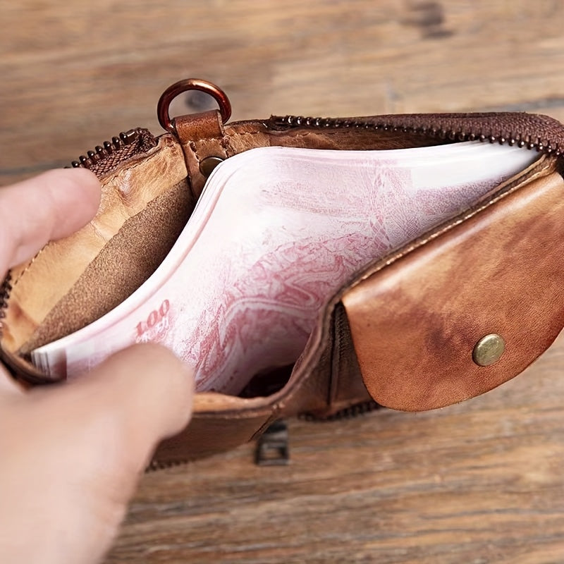 1pc Vintage Top-Grain Leather Men's Wallet, Handcrafted Antique Finish with Short Zippered Coin Purse and Card Holder Slots