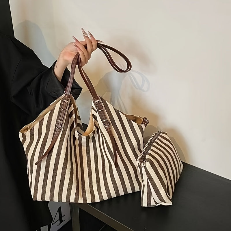 Chic Black & White Striped Canvas Tote Bag with Detachable Shoulder Strap - Large Capacity