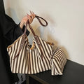 Chic Black & White Striped Canvas Tote Bag with Detachable Shoulder Strap - Large Capacity