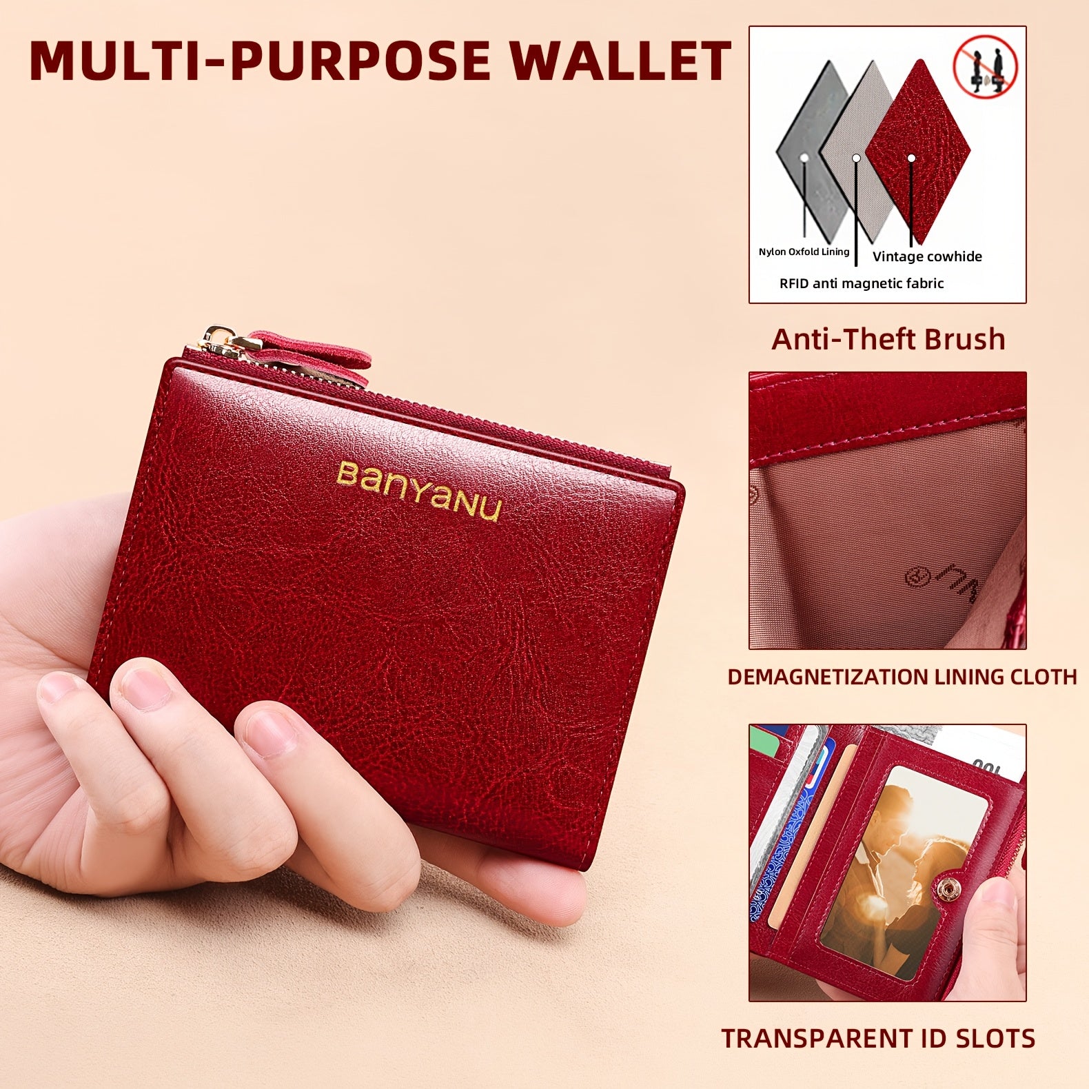 Women's Banyan Small Wallet, Zippered Cowhide Compact Bi-Fold Credit Card Holder with ID Window