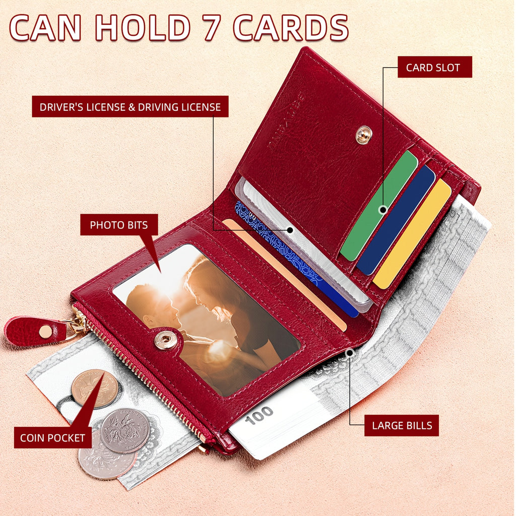 Women's Banyan Small Wallet, Zippered Cowhide Compact Bi-Fold Credit Card Holder with ID Window