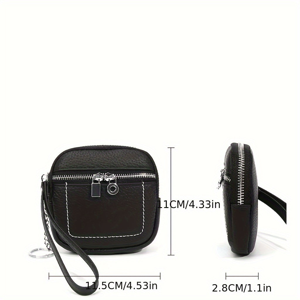 Custom Vintage Mini Genuine Leather Zipper Wallet with Keychain - Lychee Texture Design