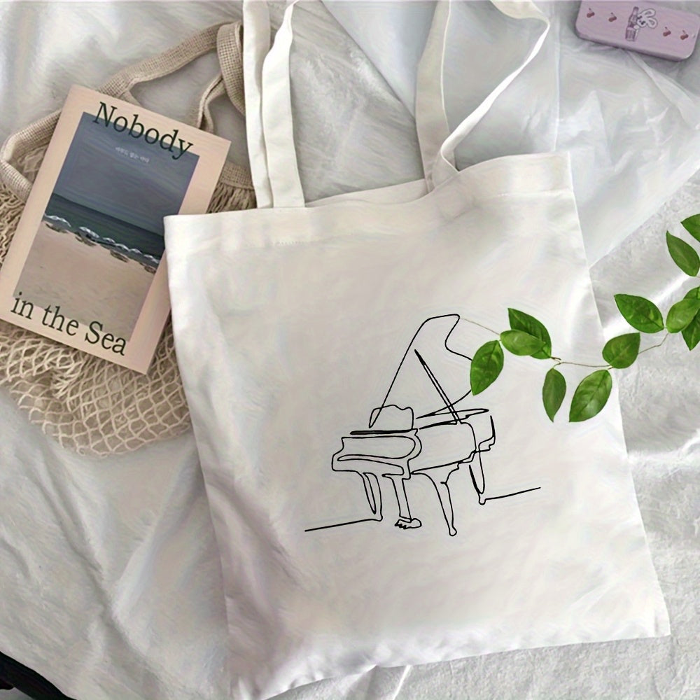 Stylish White Canvas Tote Bag with Black Piano Design - Large Capacity, Durable & Reusable Shoulder Bag for Shopping