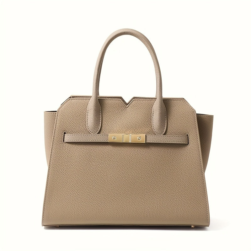 Women's Premium Second-Layer Leather Handbag - Large Capacity Deep Gray Tote with Golden-Tone Hardware