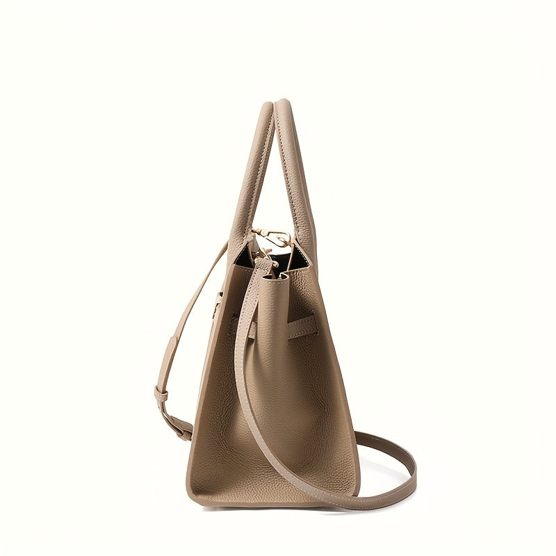 Women's Premium Second-Layer Leather Handbag - Large Capacity Deep Gray Tote with Golden-Tone Hardware