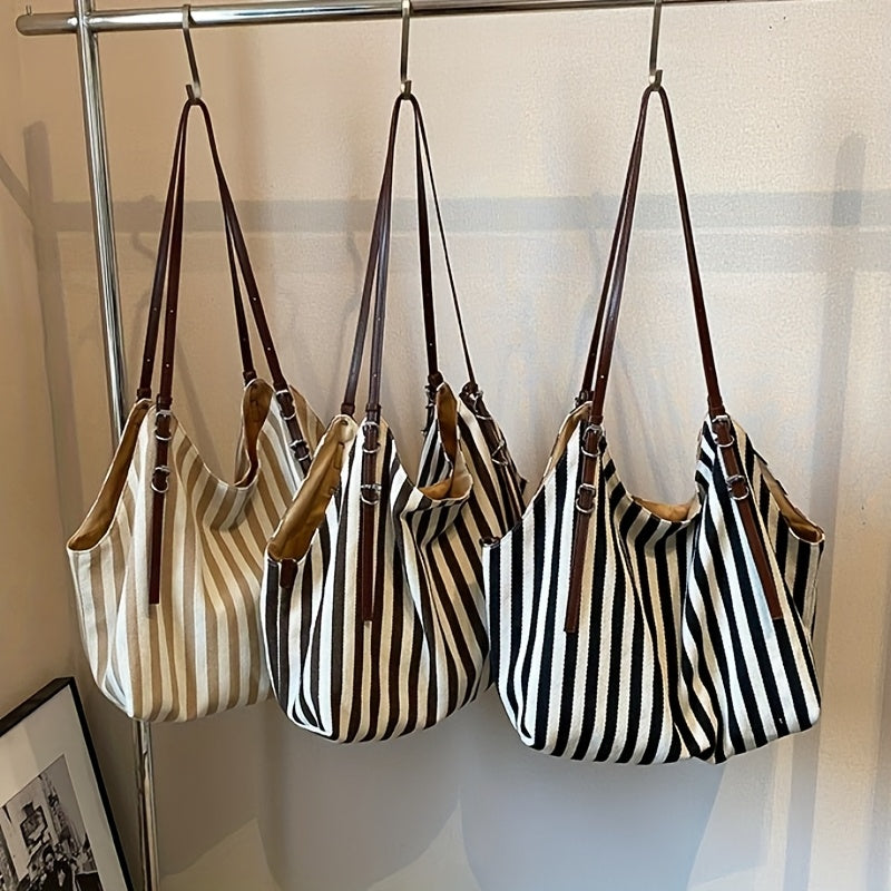 Chic Black & White Striped Canvas Tote Bag with Detachable Shoulder Strap - Large Capacity