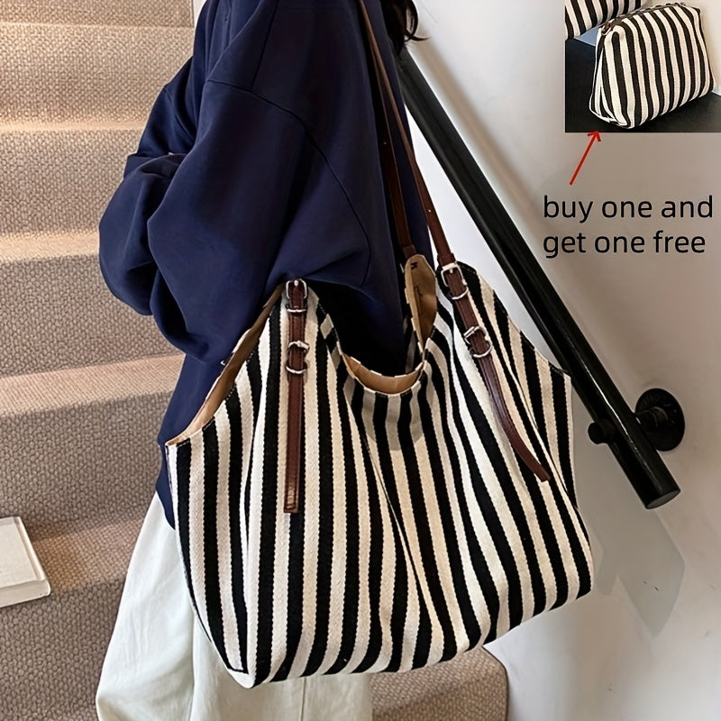 Chic Black & White Striped Canvas Tote Bag with Detachable Shoulder Strap - Large Capacity