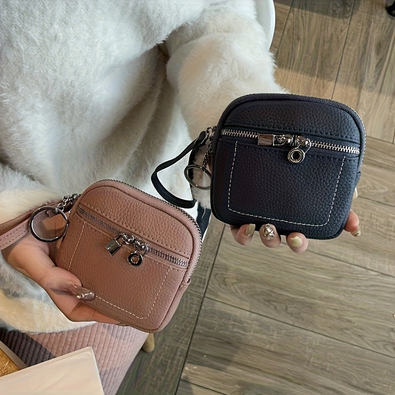 Custom Vintage Mini Genuine Leather Zipper Wallet with Keychain - Lychee Texture Design