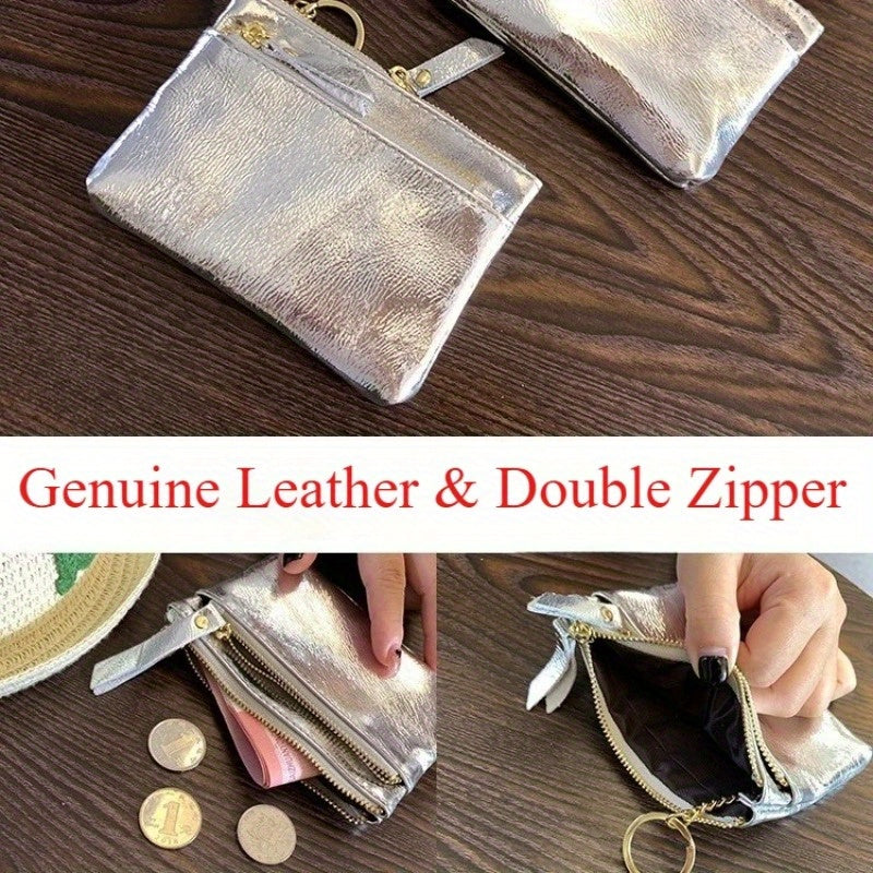 Elegant Genuine Leather Women'S Clutch with Silvery Zipper, Small Wallet for Women