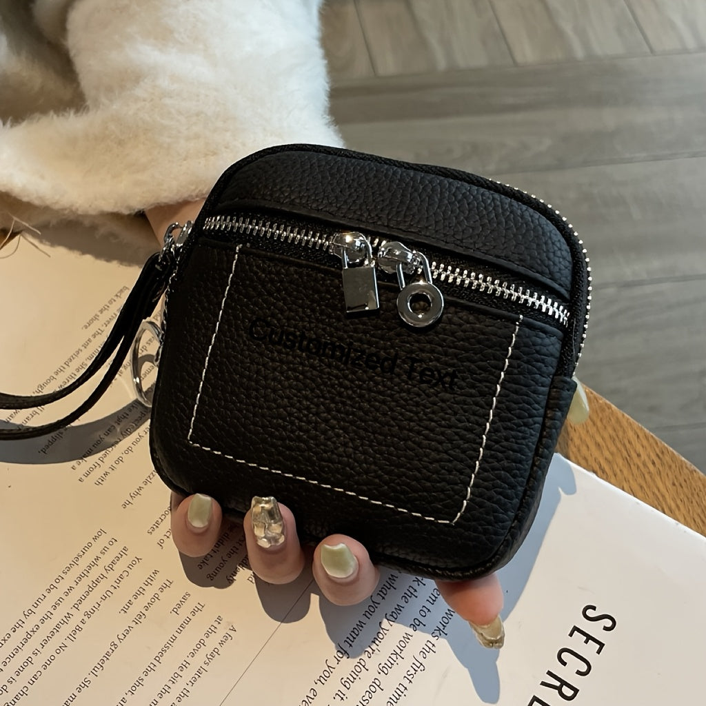 Custom Vintage Mini Genuine Leather Zipper Wallet with Keychain - Lychee Texture Design