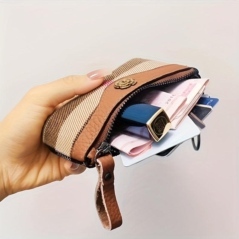 Chic Women'S Zipper Wallet & Key Pouch - Genuine Leather, Plaid Print with Floral Accents