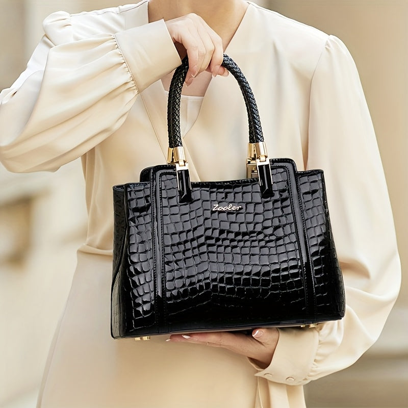 Black ZOOLER Women's Genuine Leather Tote Bag with Adjustable Shoulder Strap, Crocodile Pattern