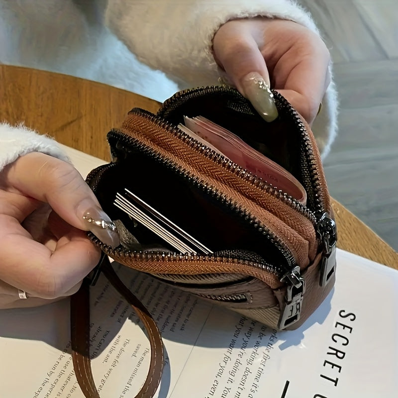 Ladies' leather large-capacity multi-functional zipper wallet, with detachable wrist strap