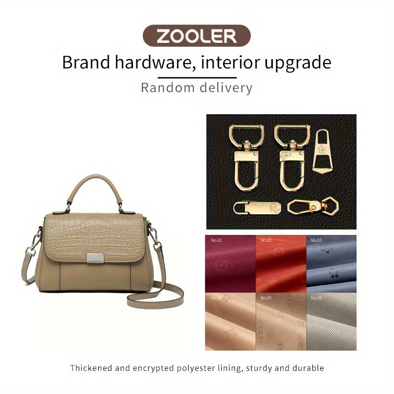 ZOOLER Women's Genuine Leather Crocodile-Textured handbag with Detachable Strap & Snap Closure
