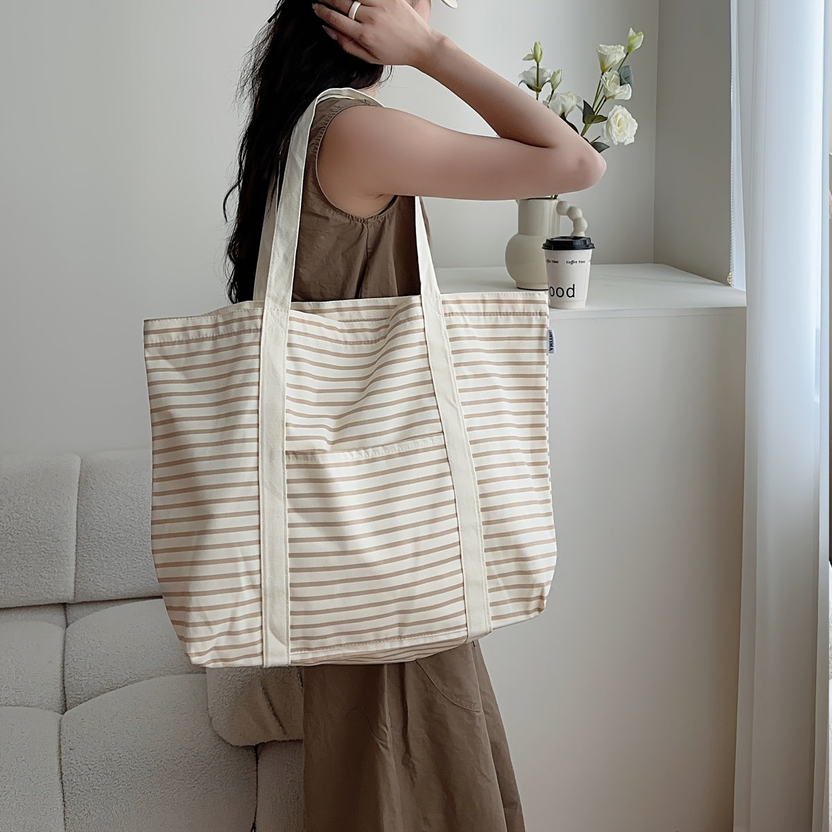 Casual Tote Bag Large Capacity Striped Tote Bag | Casual Canvas Shoulder Bag with Beige Handles