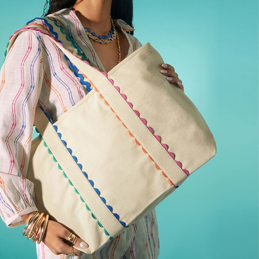 Personalized Large Tote Bag - Custom Name, Beige with Pastel Rainbow accents, Zipper Closure