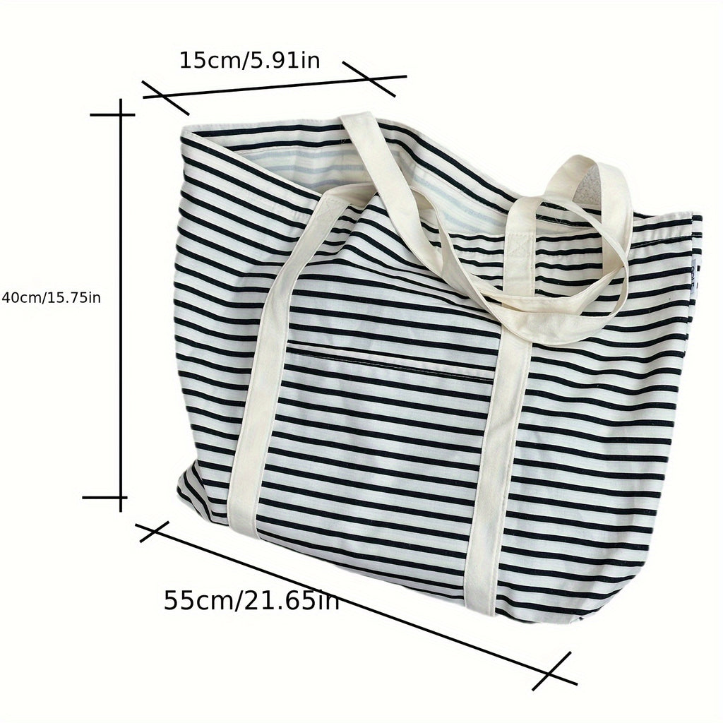 Casual Tote Bag Large Capacity Striped Tote Bag | Casual Canvas Shoulder Bag with Beige Handles