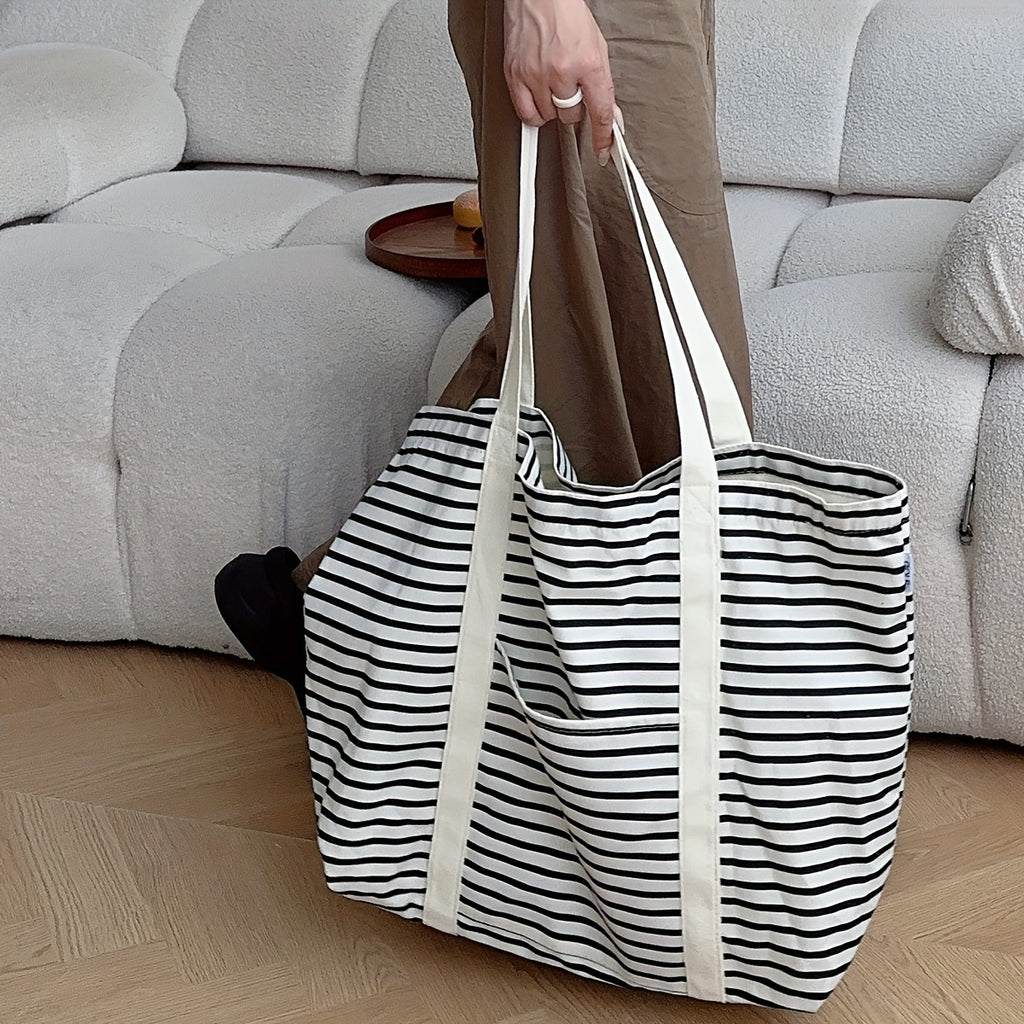Casual Tote Bag Large Capacity Striped Tote Bag | Casual Canvas Shoulder Bag with Beige Handles