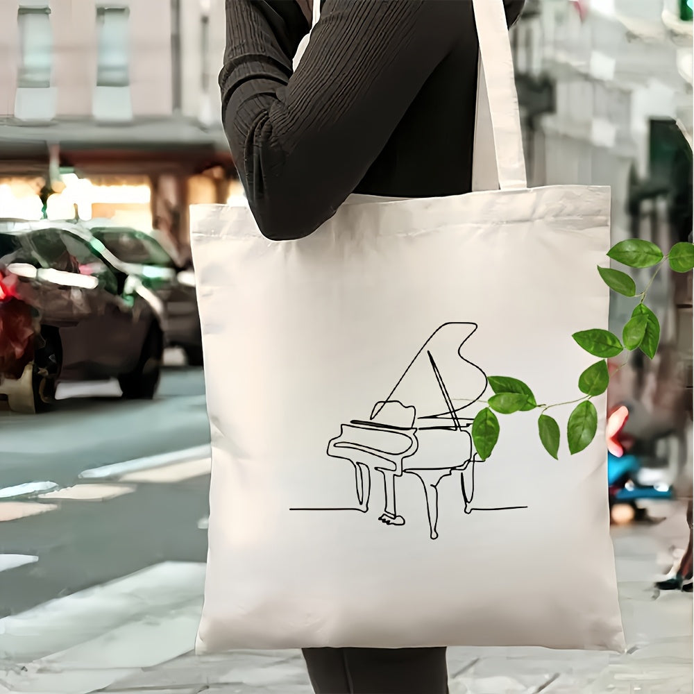 Stylish White Canvas Tote Bag with Black Piano Design - Large Capacity, Durable & Reusable Shoulder Bag for Shopping