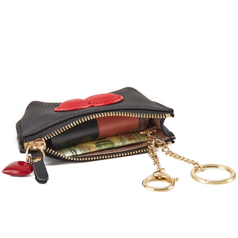Genuine Leather Mini Wallet with Key Ring & Zipper Closure - Top-Grain Cowhide Coin Purse