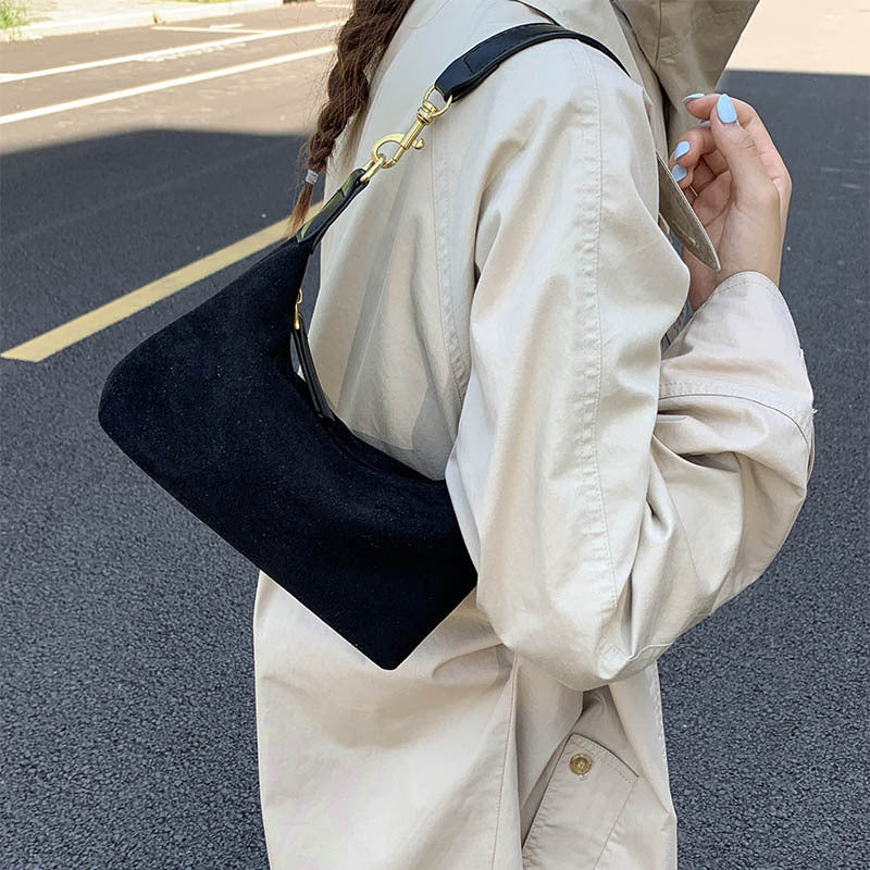 Women's Faux Suede Dumpling Bag - Solid Color Crossbody Handbag with Golden-Tone Hardware
