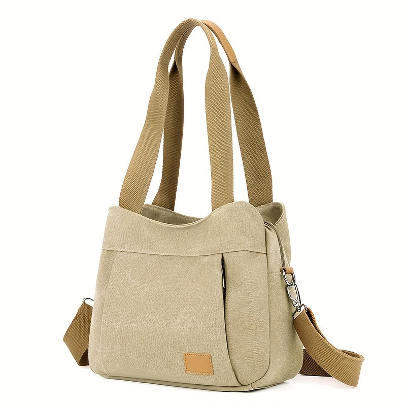 Stylish Tote Bag Durable Beige and Brown Women's Casual Canvas Tote Bag with Multiple Pockets and Zipper Closure