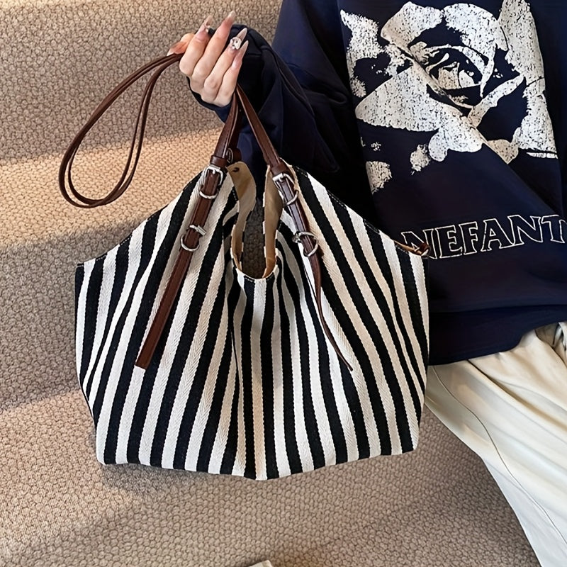 Chic Black & White Striped Canvas Tote Bag with Detachable Shoulder Strap - Large Capacity
