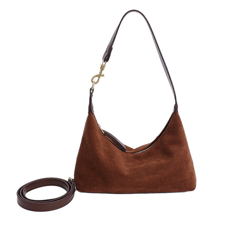 Women's Faux Suede Dumpling Bag - Solid Color Crossbody Handbag with Golden-Tone Hardware