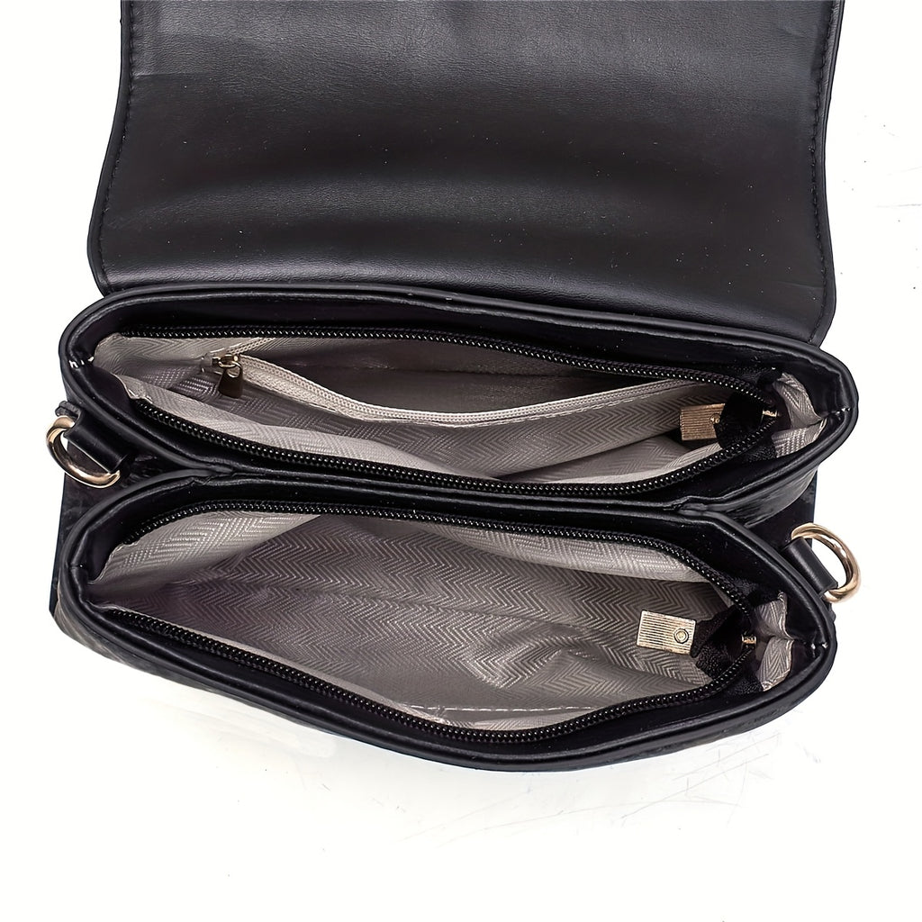 Elegant Women's Adjustable Handbag with Detachable Strap - Floral & Striped, Zipper Closure, Tassel Accents