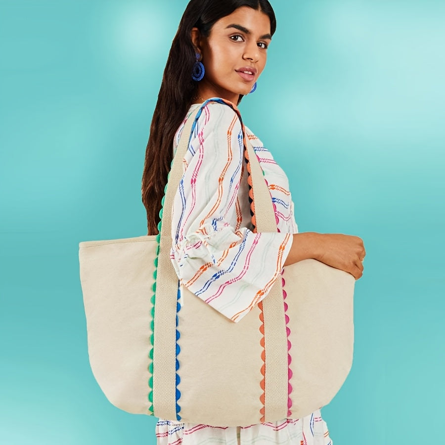 Personalized Large Tote Bag - Custom Name, Beige with Pastel Rainbow accents, Zipper Closure