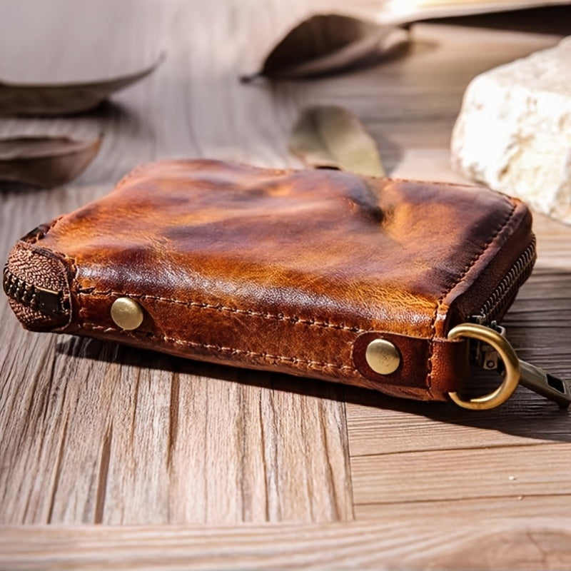 1pc Vintage Top-Grain Leather Men's Wallet, Handcrafted Antique Finish with Short Zippered Coin Purse and Card Holder Slots