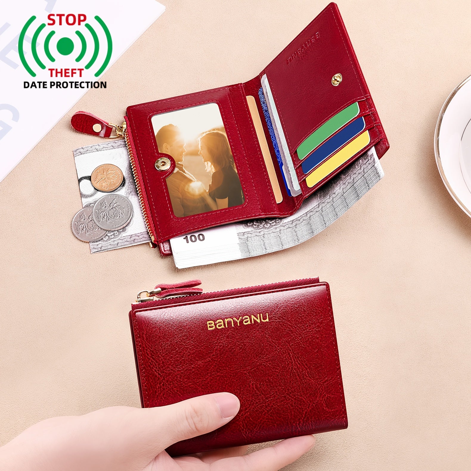 Women's Banyan Small Wallet, Zippered Cowhide Compact Bi-Fold Credit Card Holder with ID Window