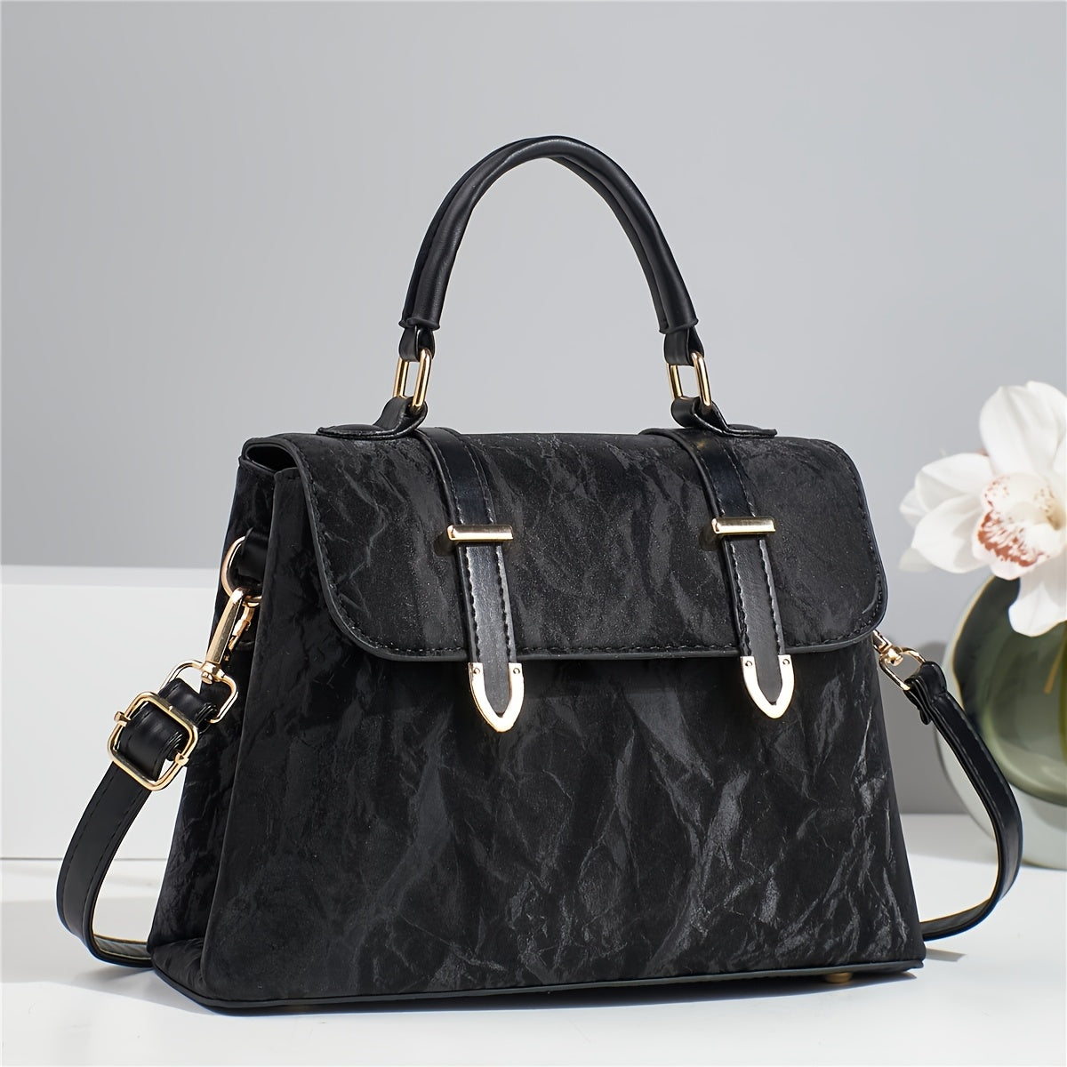 Elegant Women's Adjustable Handbag with Detachable Strap - Floral & Striped, Zipper Closure, Tassel Accents