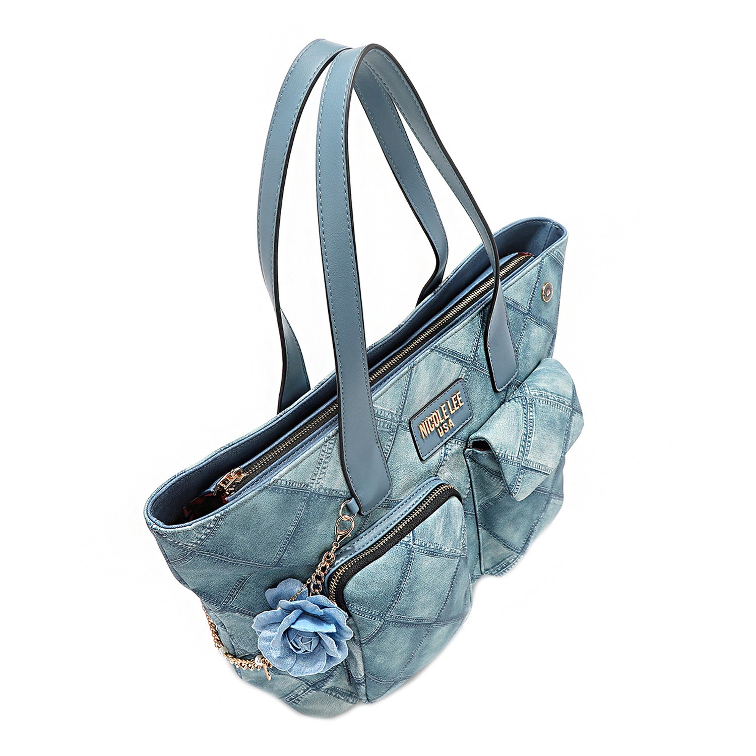 Nicole Lee Blue Flower Satchel, Women's Large PU Leather Bag With Quilted Print, Main Zip Closure