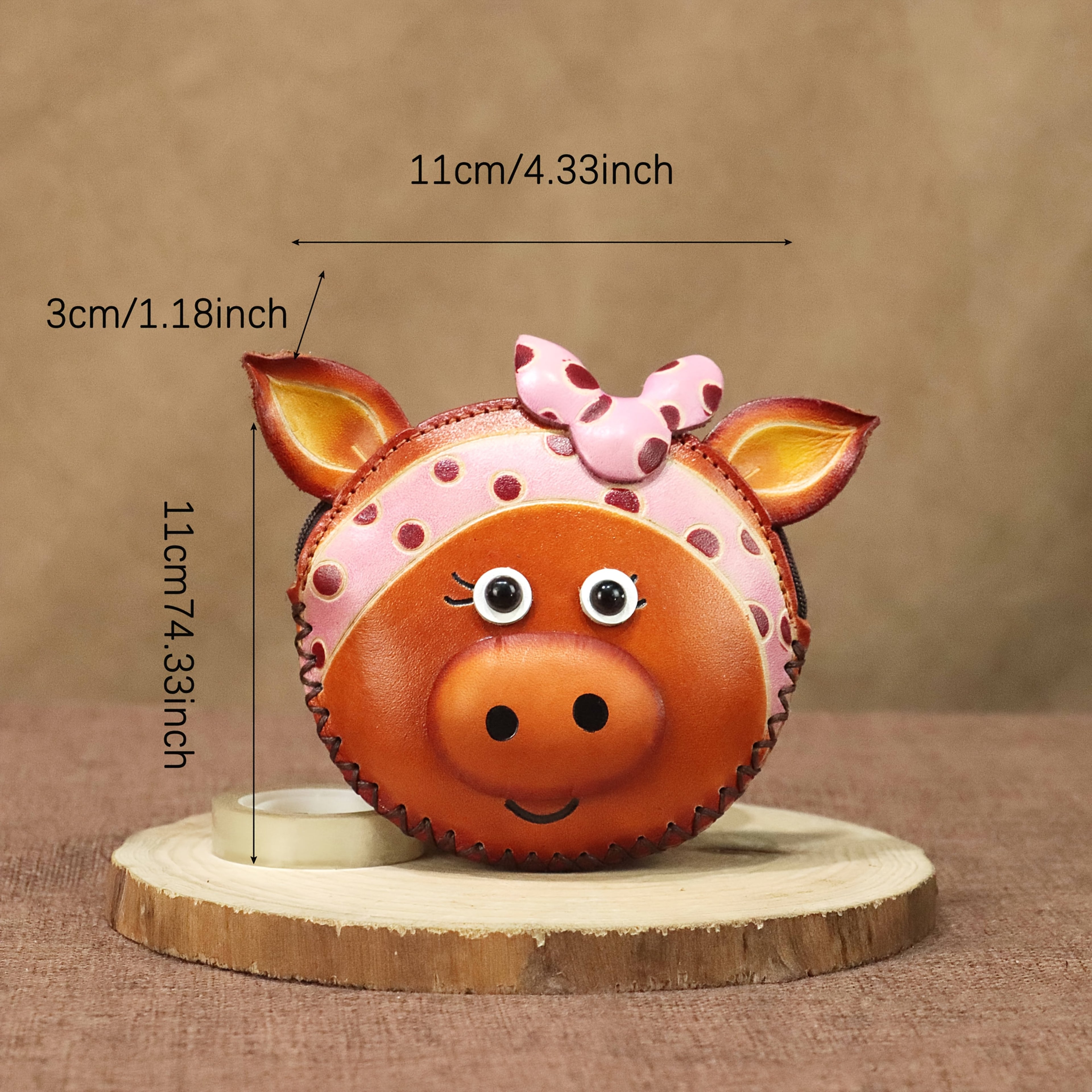 Handcrafted Retro Bowknot Headscarf Pig Purse - Genuine Leather Coin & Key Wallet with Zipper