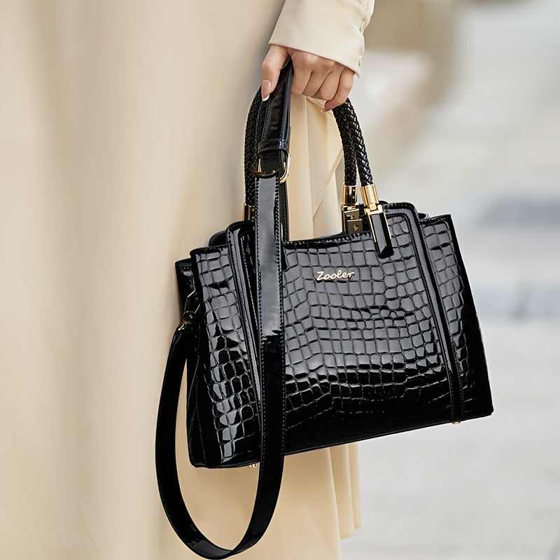 Black ZOOLER Women's Genuine Leather Tote Bag with Adjustable Shoulder Strap, Crocodile Pattern