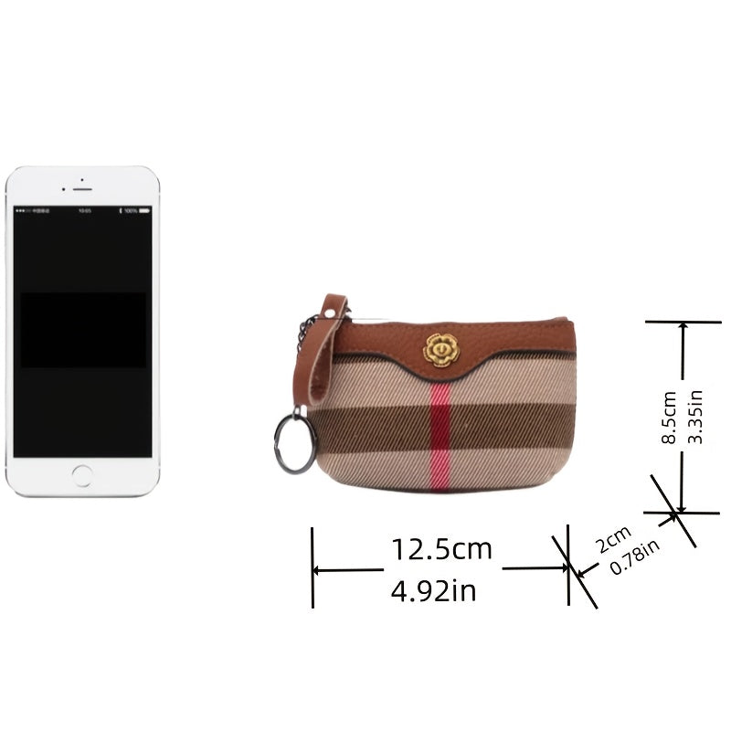 Chic Women'S Zipper Wallet & Key Pouch - Genuine Leather, Plaid Print with Floral Accents