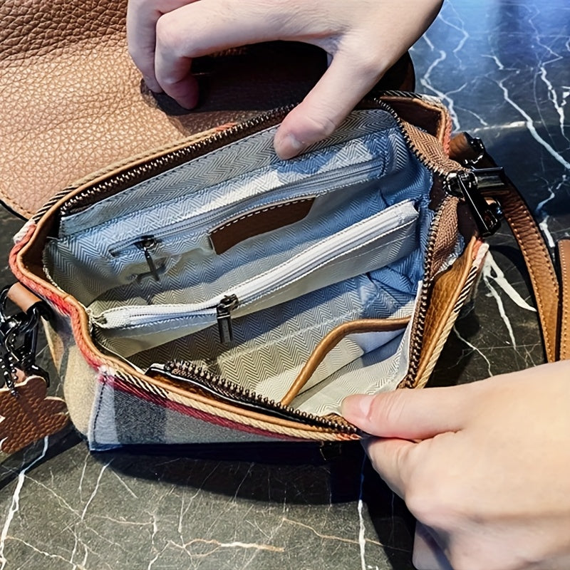 Vintage Plaid Canvas Handbag for Women - Adjustable Strap, Zipper Closure, Polyester Lining, Tassel Detail