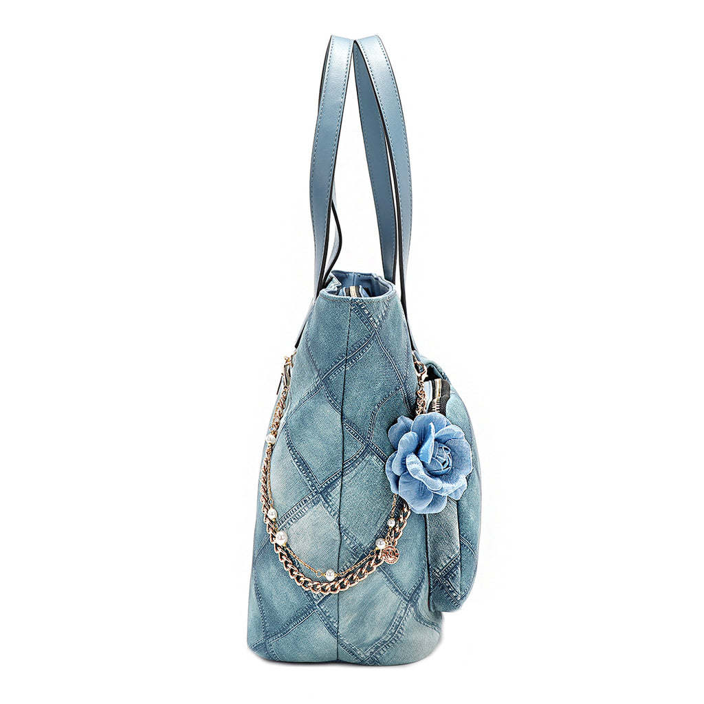 Nicole Lee Blue Flower Satchel, Women's Large PU Leather Bag With Quilted Print, Main Zip Closure