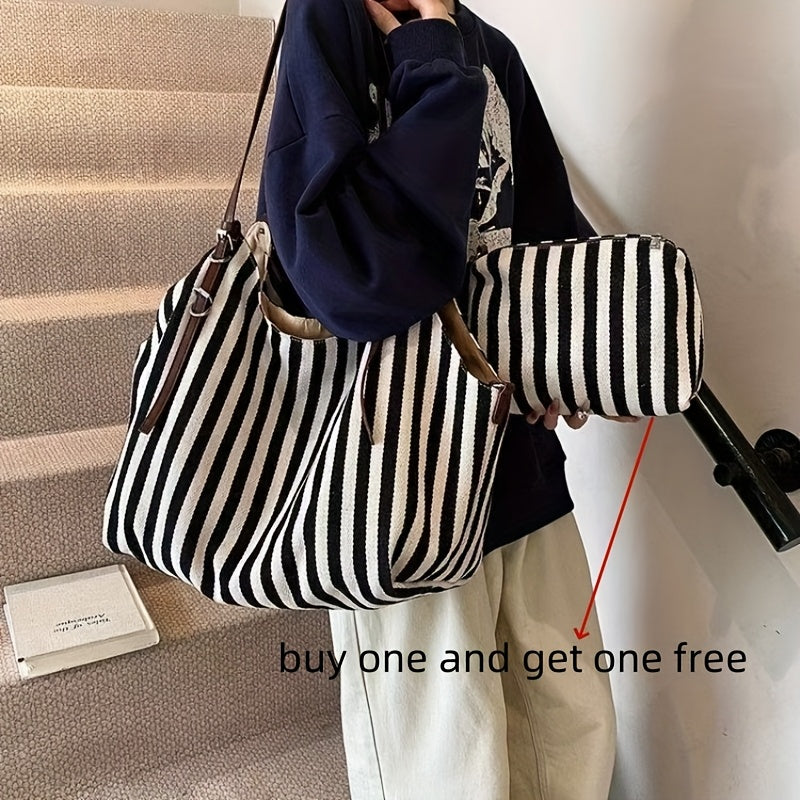 Chic Black & White Striped Canvas Tote Bag with Detachable Shoulder Strap - Large Capacity