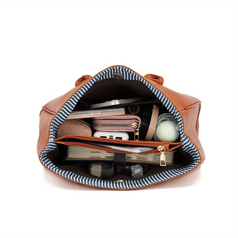 Wo 'S Classic Brown Handbag with Striped - Spacious Handbag for Work, Travel