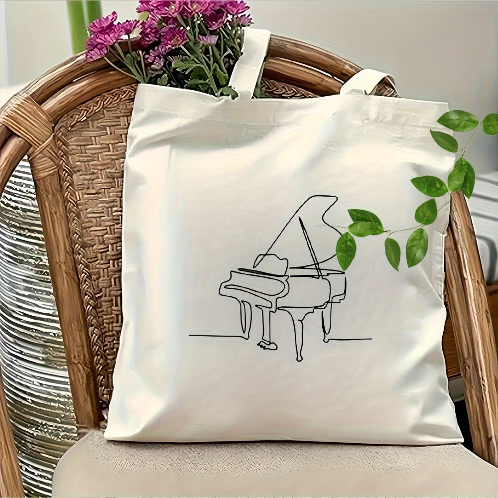 Stylish White Canvas Tote Bag with Black Piano Design - Large Capacity, Durable & Reusable Shoulder Bag for Shopping