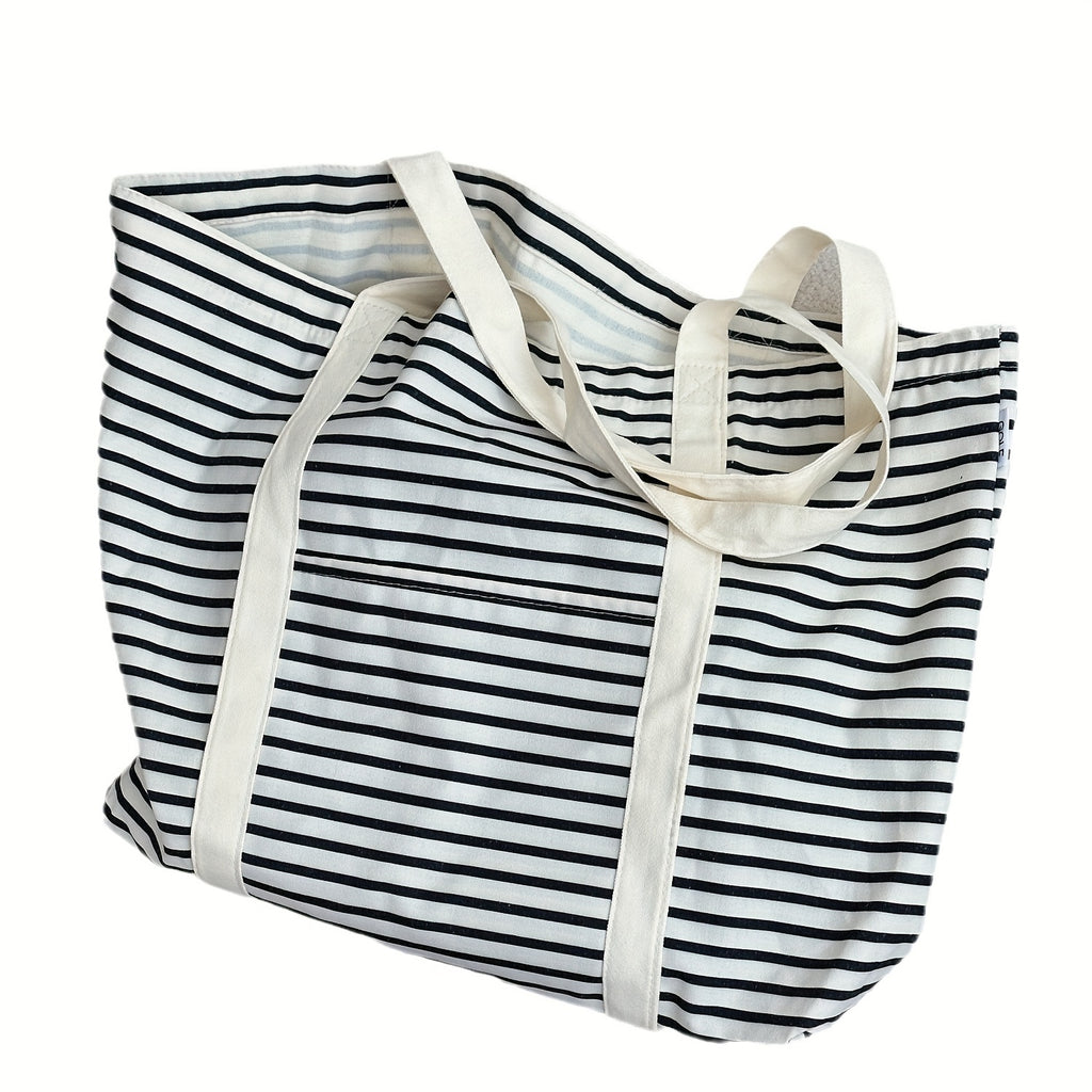 Casual Tote Bag Large Capacity Striped Tote Bag | Casual Canvas Shoulder Bag with Beige Handles