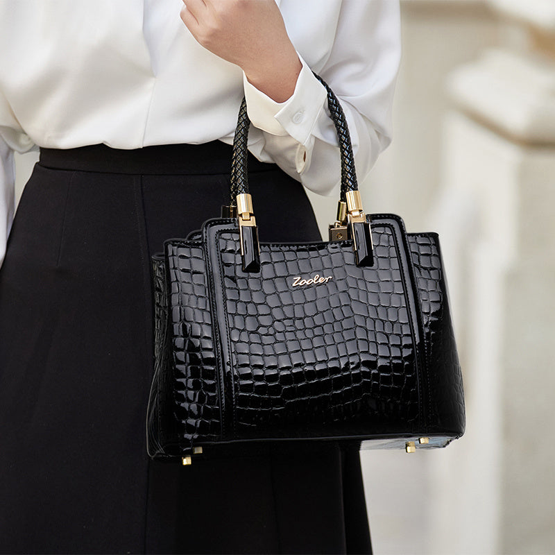 Black ZOOLER Women's Genuine Leather Tote Bag with Adjustable Shoulder Strap, Crocodile Pattern