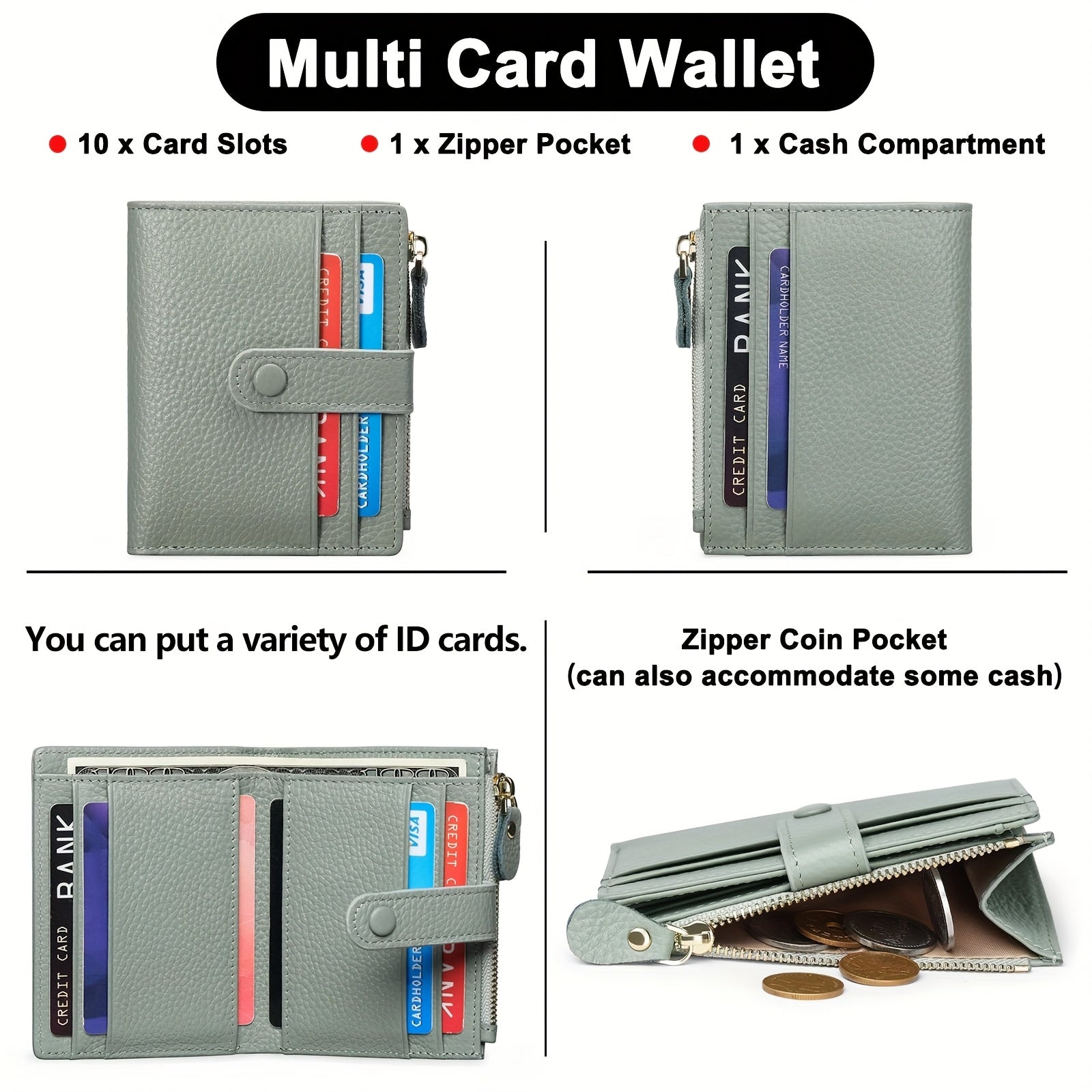RFID Blocking Slim Bifold Leather Credit Card Holder with Zipper Coin Purse - Women's Wallet