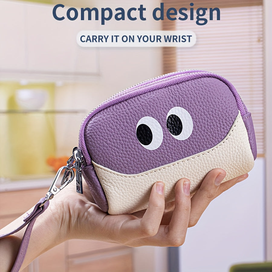 OBCREATOR Women'S Genuine Leather Coin Purse - Mini Wallet with 3 Zipper Compartments